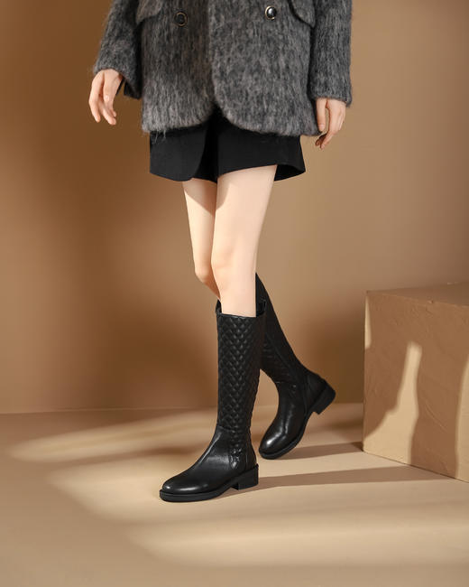 西村名物2023秋季新品尖头粗跟小腿靴法式长靴不过膝女X23DQ45341 商品图1