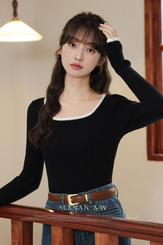 鹿向南《万能打底》早秋撞色方领毛针织衫法式气质修身长袖T恤女
 商品图4