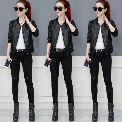 DD-不裂皮短款皮衣外套女春秋新款韩版PU皮宽松棒球服夹克开衫 商品图2