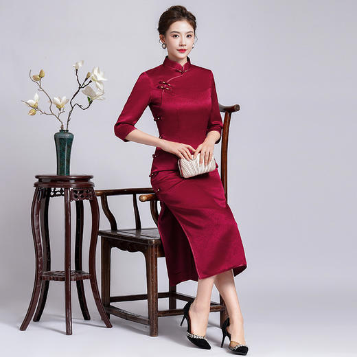 长款醋酸缎高贵连衣裙 2023新款春秋装阔太太宴会旗袍LHS-06184 商品图0