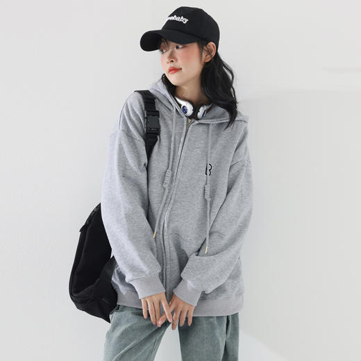 ALBB-2023春秋新款加绒连帽卫衣女韩版宽松显瘦慵懒风开衫拉链加厚外套 商品图2