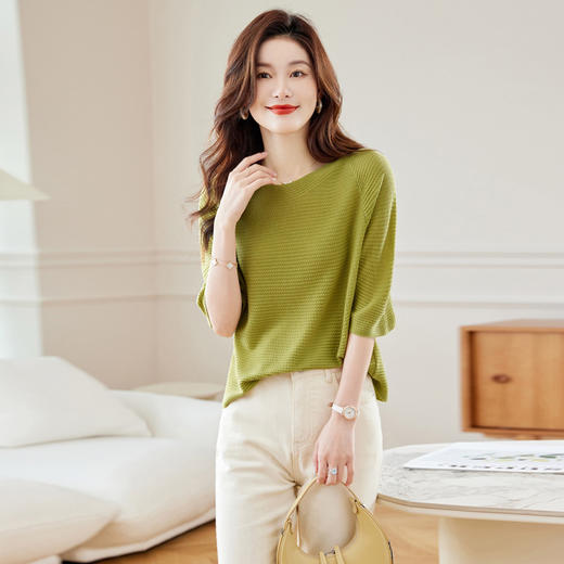 一字领中袖女上衣，七分袖秋装新款针织衫秋季半袖宽松小衫CC-16-2301 商品图1