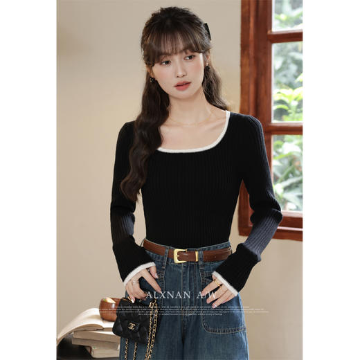 鹿向南《万能打底》早秋撞色方领毛针织衫法式气质修身长袖T恤女
 商品图1