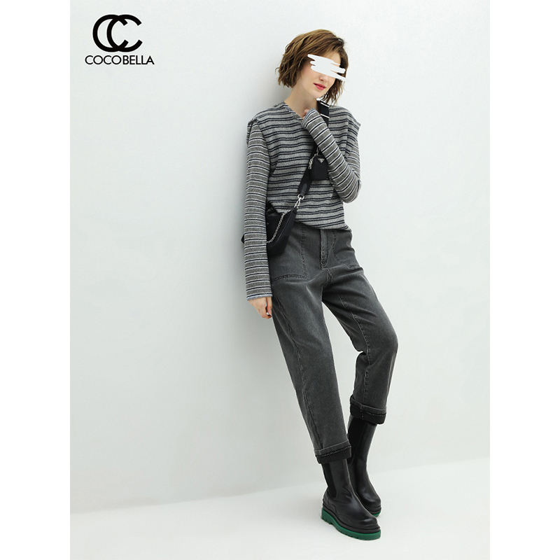 COCOBELLA街头风水洗磨白牛仔裤女秋时尚宽松休闲老爹裤PT803