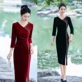 时尚改良中式丝绒烫钻V领大码旗袍 2023新款低领婚礼敬酒服GX