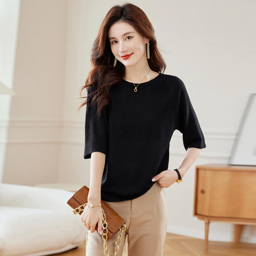一字领中袖女上衣，七分袖秋装新款针织衫秋季半袖宽松小衫CC-16-2301 商品图2