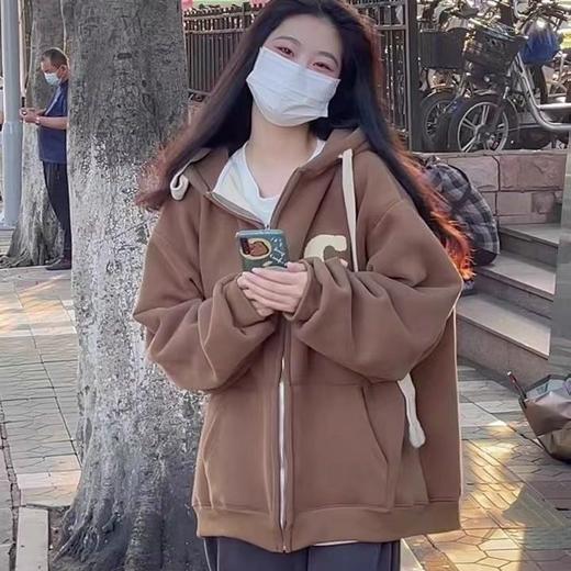 ALBB-2023春秋新款加绒连帽卫衣女韩版宽松显瘦慵懒风开衫拉链加厚外套 商品图7