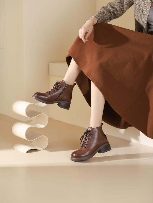 西村名物2023秋季新品复古圆头粗跟裸靴系带短靴马丁靴X23DS46511 商品图5