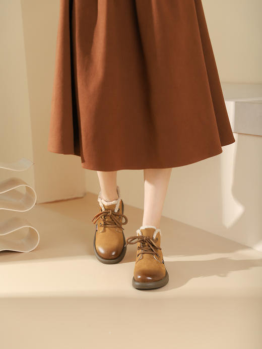 西村名物2023秋季新品圆头粗跟绒里靴系带短靴马丁靴X23DS46471 商品图4