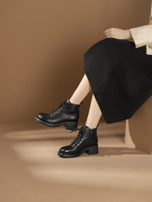 西村名物2023秋季新品复古圆头粗跟裸靴系带短靴马丁靴X23DS46511 商品图1