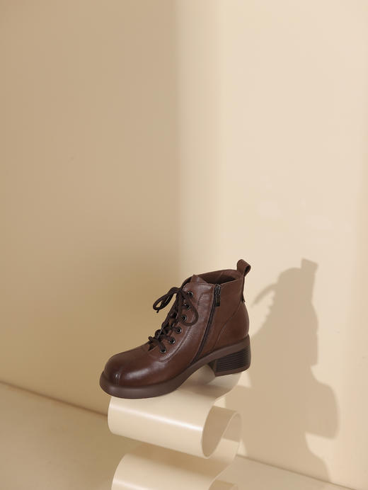 西村名物2023秋季新品复古圆头粗跟裸靴系带短靴马丁靴X23DS46511 商品图13