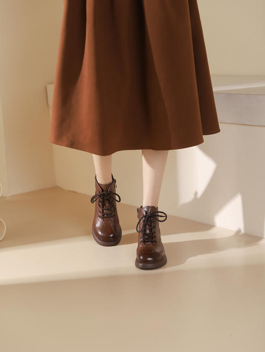 西村名物2023秋季新品复古圆头粗跟裸靴系带短靴马丁靴X23DS46511 商品图6