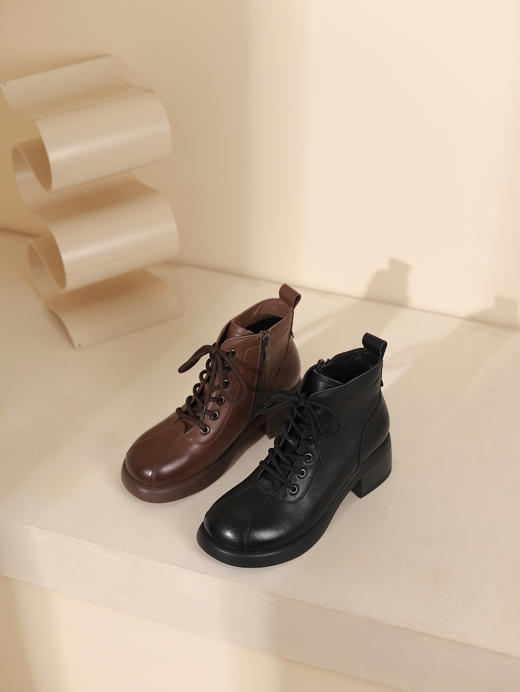 西村名物2023秋季新品复古圆头粗跟裸靴系带短靴马丁靴X23DS46511 商品图10