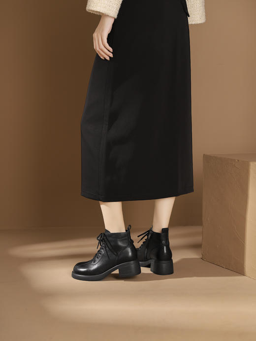 西村名物2023秋季新品复古圆头粗跟裸靴系带短靴马丁靴X23DS46511 商品图2