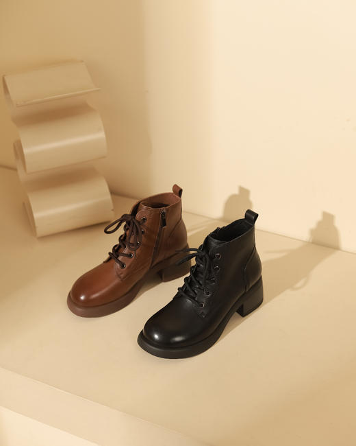 西村名物2023秋季新品复古圆头粗跟裸靴系带短靴马丁靴X23DS45441 商品图9