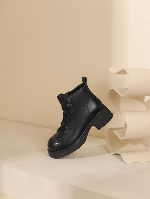 西村名物2023秋季新品圆头粗跟厚底增高裸靴系带短靴马丁靴X23DS46501 商品图12