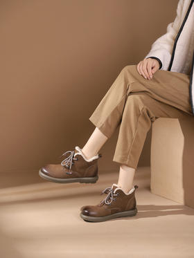 西村名物2023秋季新品圆头粗跟绒里靴系带短靴马丁靴X23DS46471