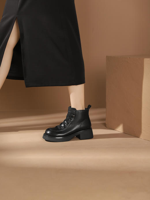 西村名物2023秋季新品圆头粗跟厚底增高裸靴系带短靴马丁靴X23DS46501 商品图2