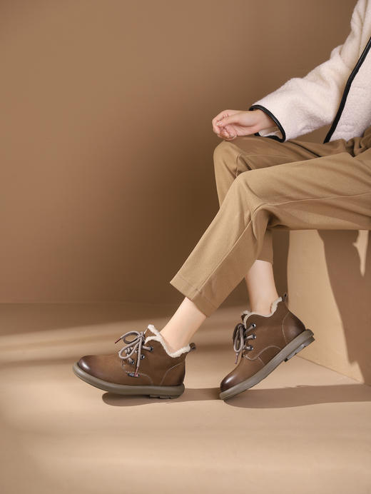 西村名物2023秋季新品圆头粗跟绒里靴系带短靴马丁靴X23DS46471 商品图1