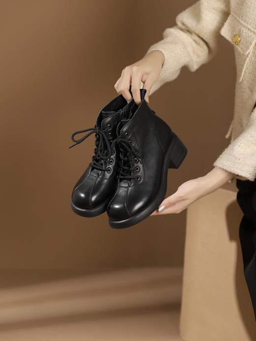 西村名物2023秋季新品复古圆头粗跟裸靴系带短靴马丁靴X23DS46511 商品图0