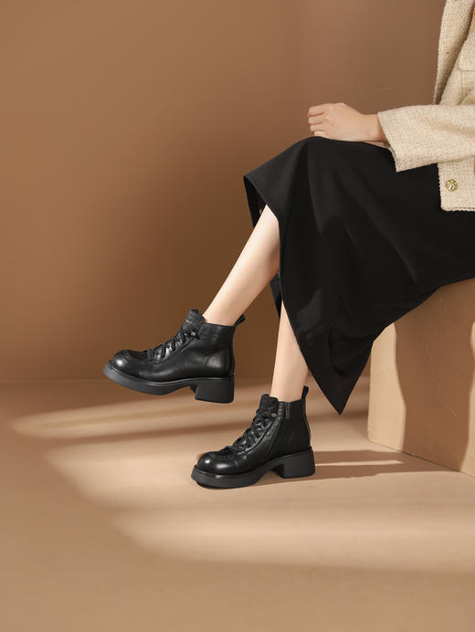 西村名物2023秋季新品圆头粗跟厚底增高裸靴系带短靴马丁靴X23DS46501 商品图1