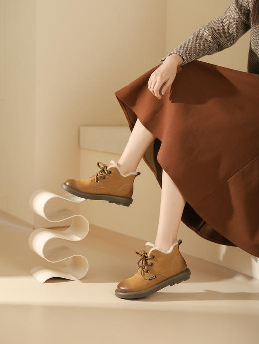 西村名物2023秋季新品圆头粗跟绒里靴系带短靴马丁靴X23DS46471 商品图3