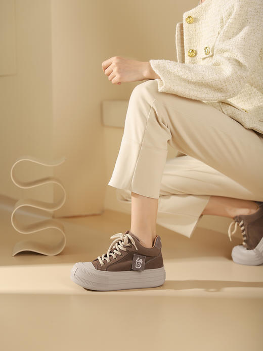 西村名物2023秋季新品圆头平底高帮小白鞋系带短靴马丁靴X23DS46461 商品图6