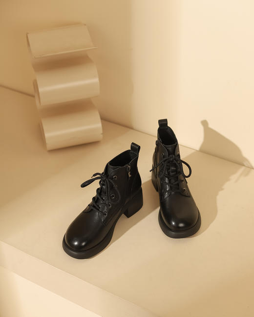 西村名物2023秋季新品复古圆头粗跟裸靴系带短靴马丁靴X23DS45441 商品图10