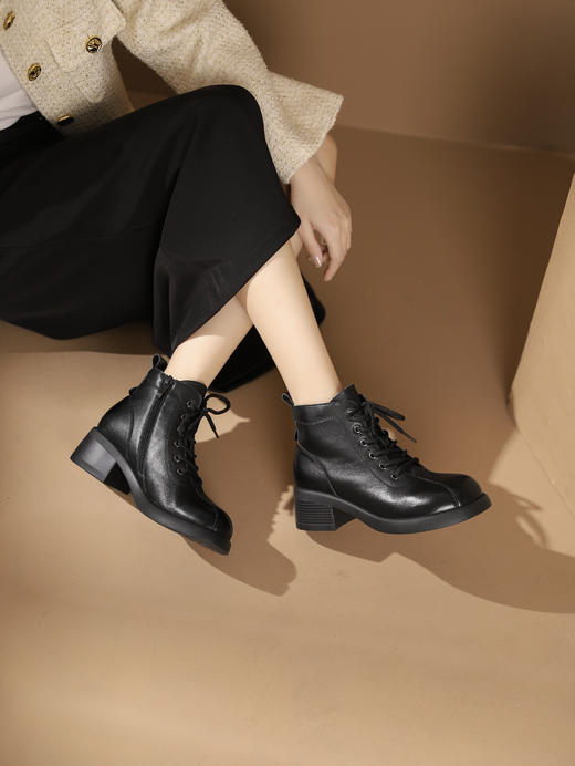 西村名物2023秋季新品复古圆头粗跟裸靴系带短靴马丁靴X23DS46511 商品图4