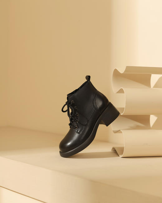 西村名物2023秋季新品复古圆头粗跟裸靴系带短靴马丁靴X23DS45441 商品图11