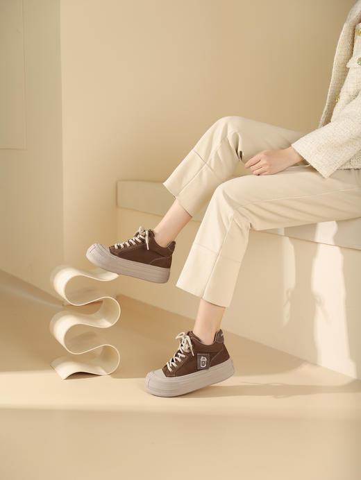 西村名物2023秋季新品圆头平底高帮小白鞋系带短靴马丁靴X23DS46461 商品图2