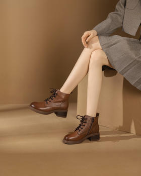 西村名物2023秋季新品复古圆头粗跟裸靴系带短靴马丁靴X23DS45441