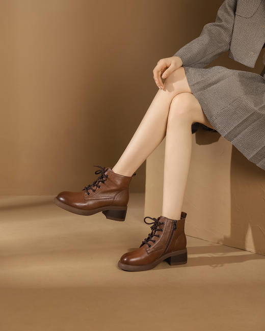 西村名物2023秋季新品复古圆头粗跟裸靴系带短靴马丁靴X23DS45441 商品图0