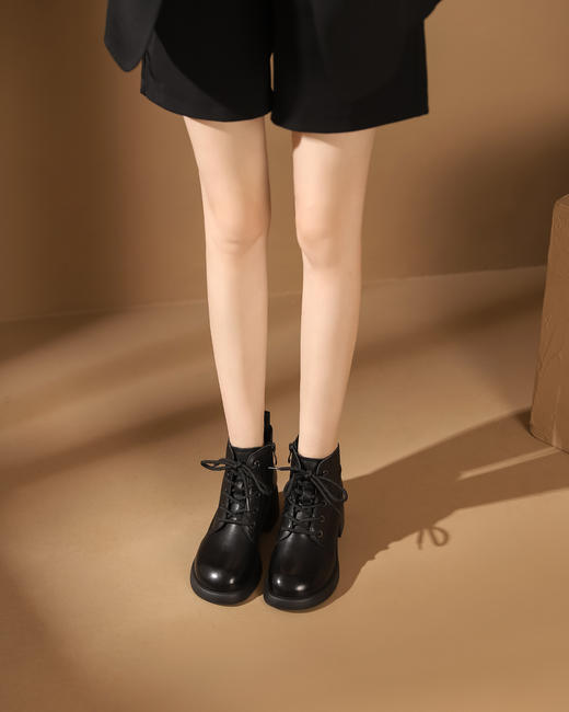 西村名物2023秋季新品复古圆头粗跟裸靴系带短靴马丁靴X23DS45441 商品图3