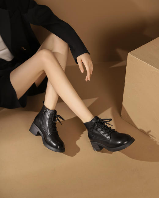 西村名物2023秋季新品复古圆头粗跟裸靴系带短靴马丁靴X23DS45441 商品图5