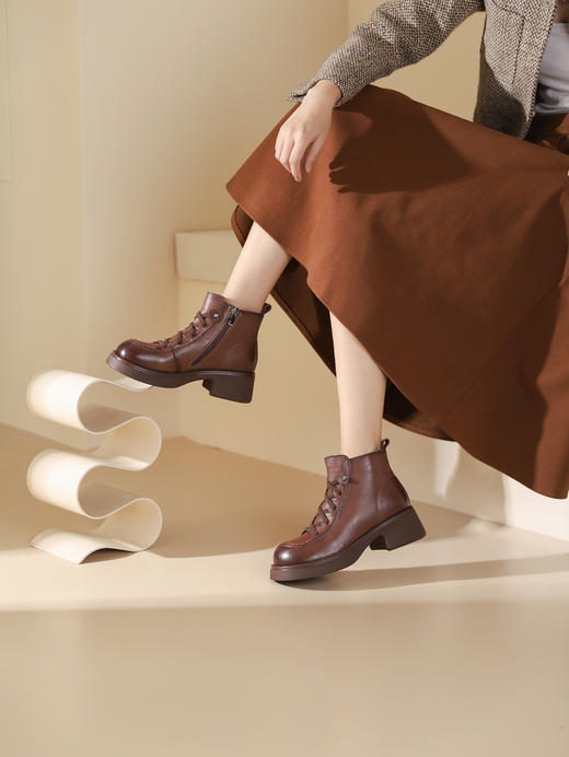 西村名物2023秋季新品圆头粗跟厚底增高裸靴系带短靴马丁靴X23DS46501 商品图5