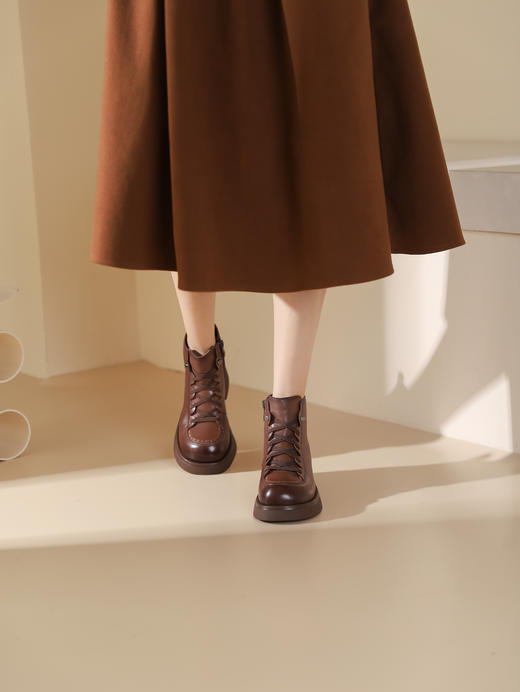 西村名物2023秋季新品圆头粗跟厚底增高裸靴系带短靴马丁靴X23DS46501 商品图6