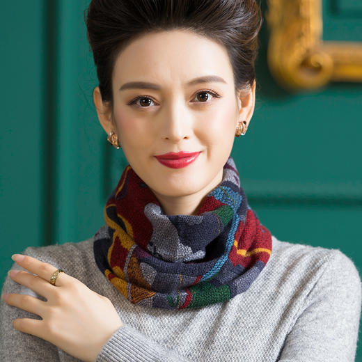 全羊毛印花针织围脖，女便捷套头保暖脖套防寒护颈围巾WY-1013 商品图1
