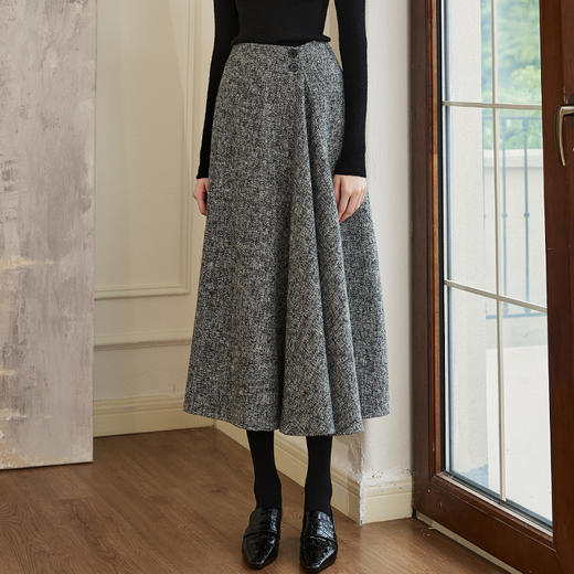罗衣气质大摆褶皱半身裙2023秋冬新款毛呢通勤高腰裙子09634 商品图2