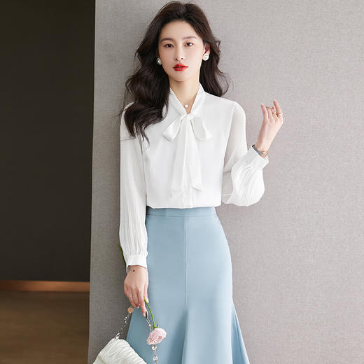 法式设计感蝴蝶结领白色衬衫，女春季新款别致泡泡袖雪纺衫职业衬衣CC-YX5619 商品图1