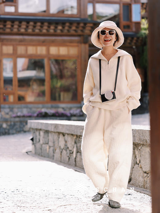 PETIT SCHAN小闪 CLO#367 lotus in snow 雪中莲 松紧腰棉羊毛混纺秋冬厚款萝卜裤 商品图0