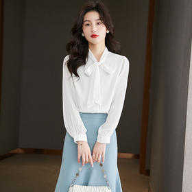 法式设计感蝴蝶结领白色衬衫，女春季新款别致泡泡袖雪纺衫职业衬衣CC-YX5619