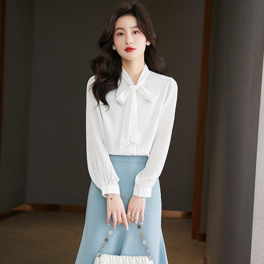 法式设计感蝴蝶结领白色衬衫，女春季新款别致泡泡袖雪纺衫职业衬衣CC-YX5619 商品图0