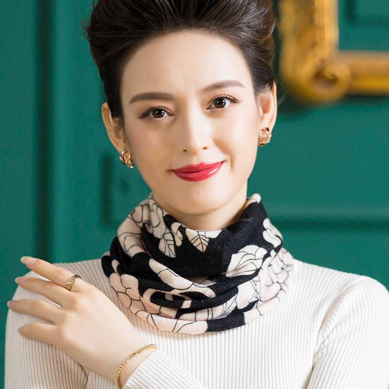 全羊毛印花针织围脖，女便捷套头保暖脖套防寒护颈围巾WY-1013