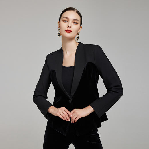 NG116斯尔丽2023秋季新款立领拼丝绒合体修身外套 商品图0