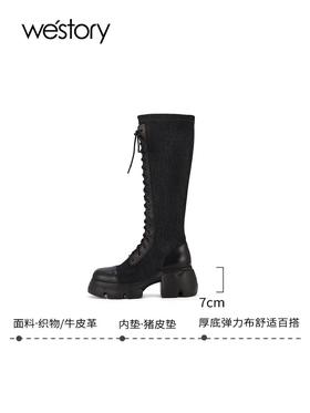 westory2023年秋季新品欧美高街出行时装靴粗跟长靴女靴S23DQ83461