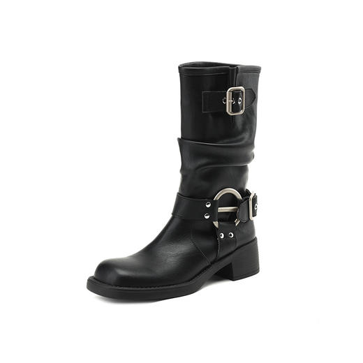 MOMO 牛皮欧美西部牛仔靴皮带扣堆堆靴中筒长靴女高筒骑士靴子马丁靴 商品图4