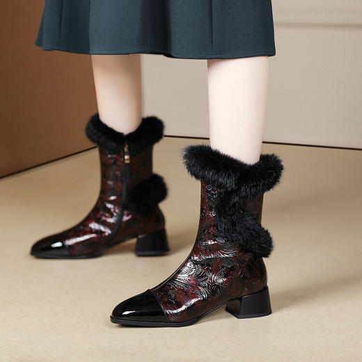 冬季新款，兔毛中筒靴粗跟圆头民族风女靴子PLGZ-D117-8 商品图0
