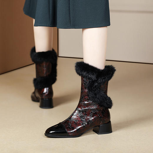 冬季新款，兔毛中筒靴粗跟圆头民族风女靴子PLGZ-D117-8 商品图3