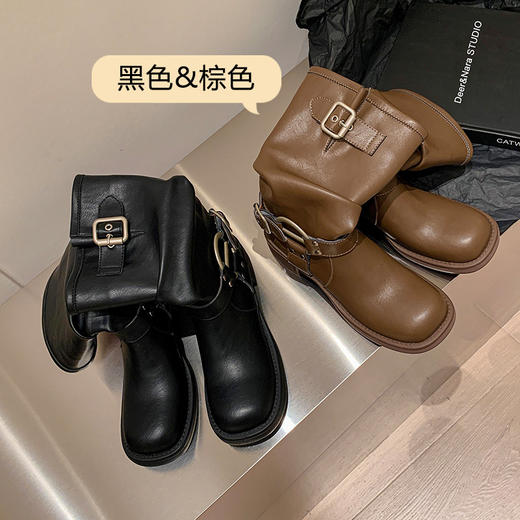 MOMO 牛皮欧美西部牛仔靴皮带扣堆堆靴中筒长靴女高筒骑士靴子马丁靴 商品图2